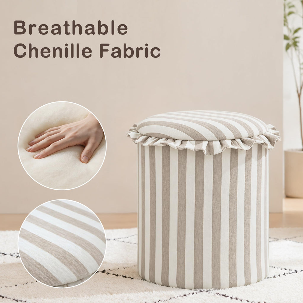 Round Striped Ottoman with Storage, Foot Rest Stool, Beige