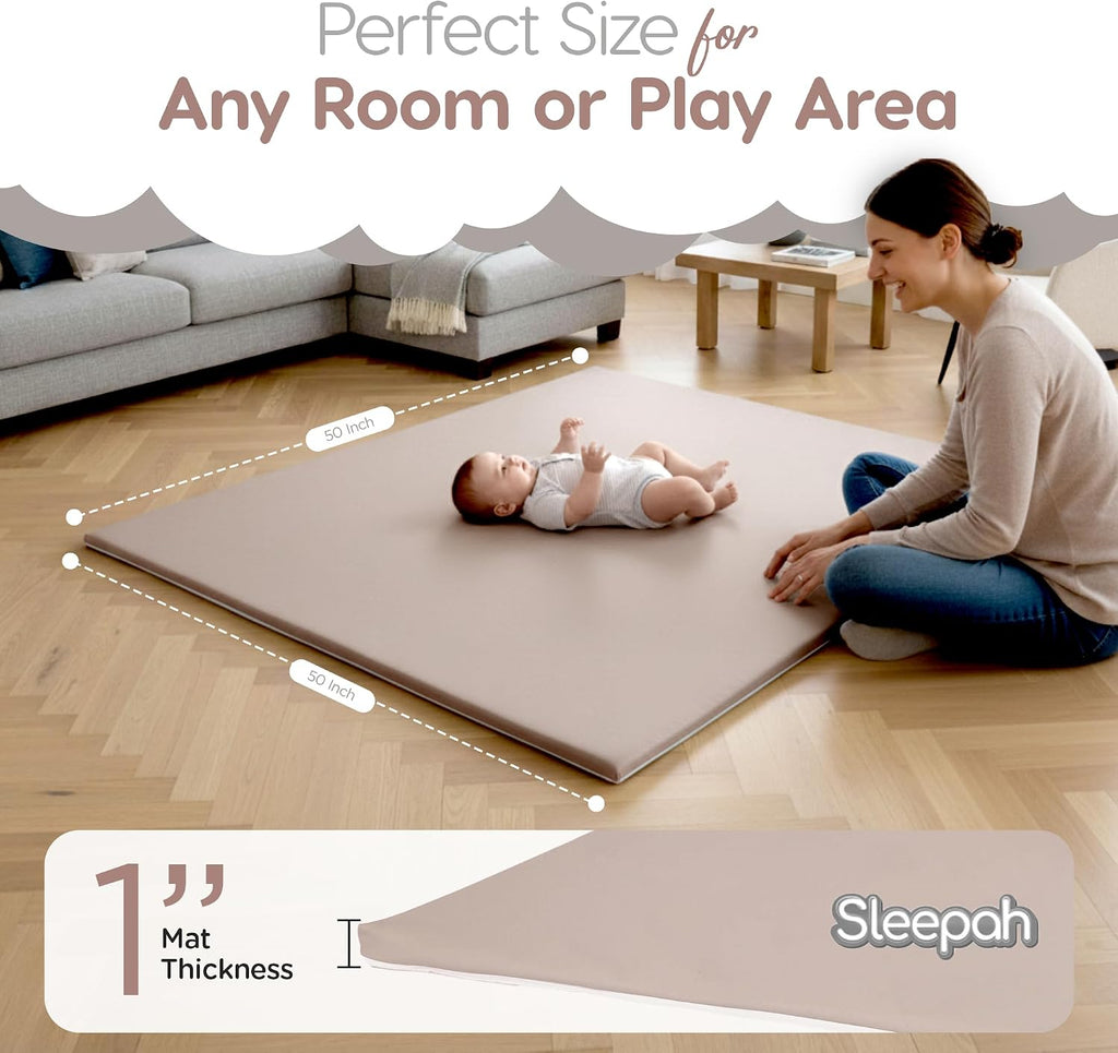 Play Mat for Floor (50" x 50") Waterproof Vegan Leather - Easy to Clean w Removable Cover - Mat for Tummy Time