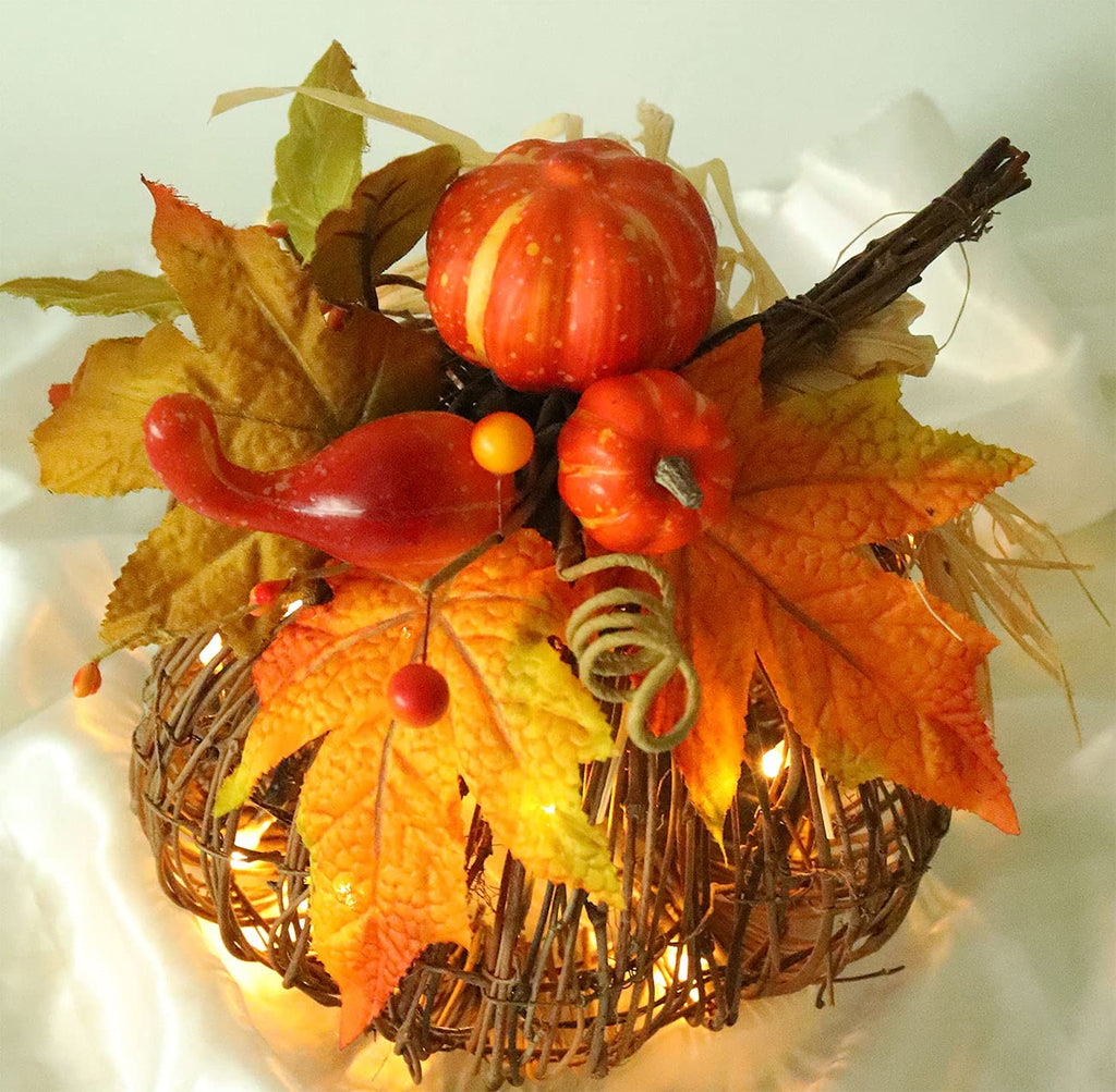 8 Inch Lighted Pumpkin Fall Decor - LED Thanksgiving Decoration with Maple Leaves, Berries, and Pumpkin, Autumn