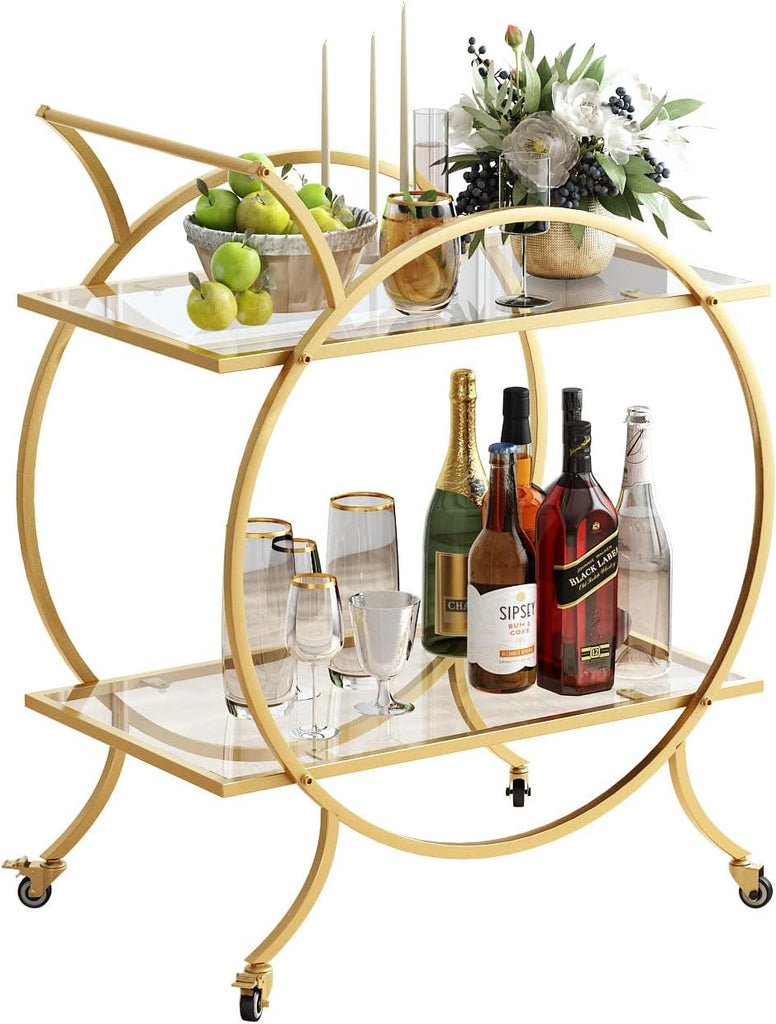 Gold Bar Carts for The Home Bar Serving Cart, Rolling Bar Cart Gold with Lockable Caster Wheels, Glass Bar Carts with