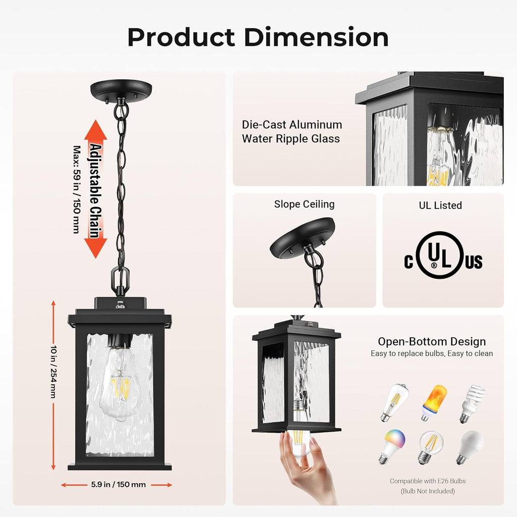 Dusk to Dawn Outdoor Pendant Lights for Porch with Water Glass