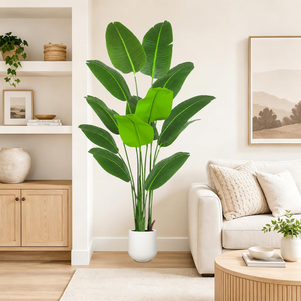 Bird of Paradise Artificial Plant with White Planter, 6FT Tall Large Fake Green Plants with 13 Trunks, Faux Plant