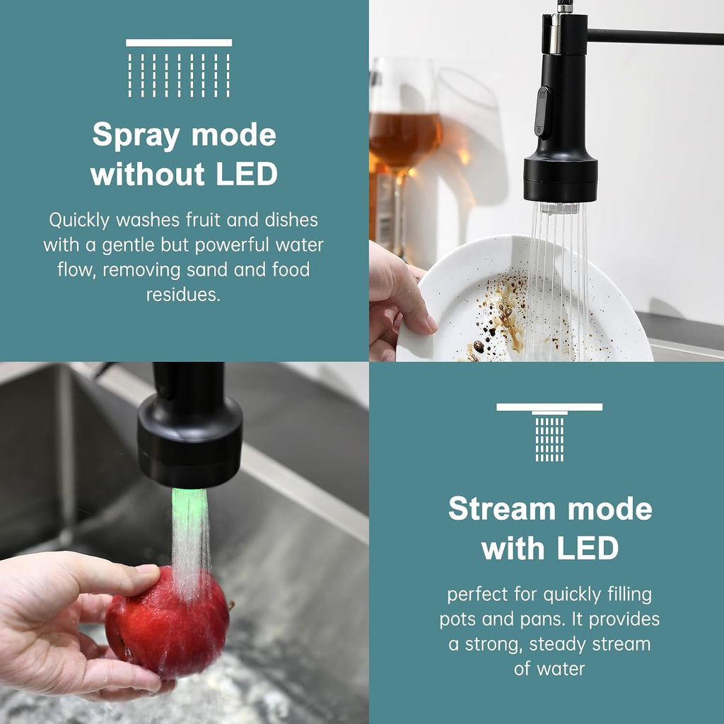 Led Black Kitchen Faucet with Soap Dispenser | Pull Down Sprayer, Single Hole Sink Faucet Suitable for Farmhouses