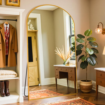Full Length Mirror, 76"x44" Arched Standing Full Body Mirror, Gold