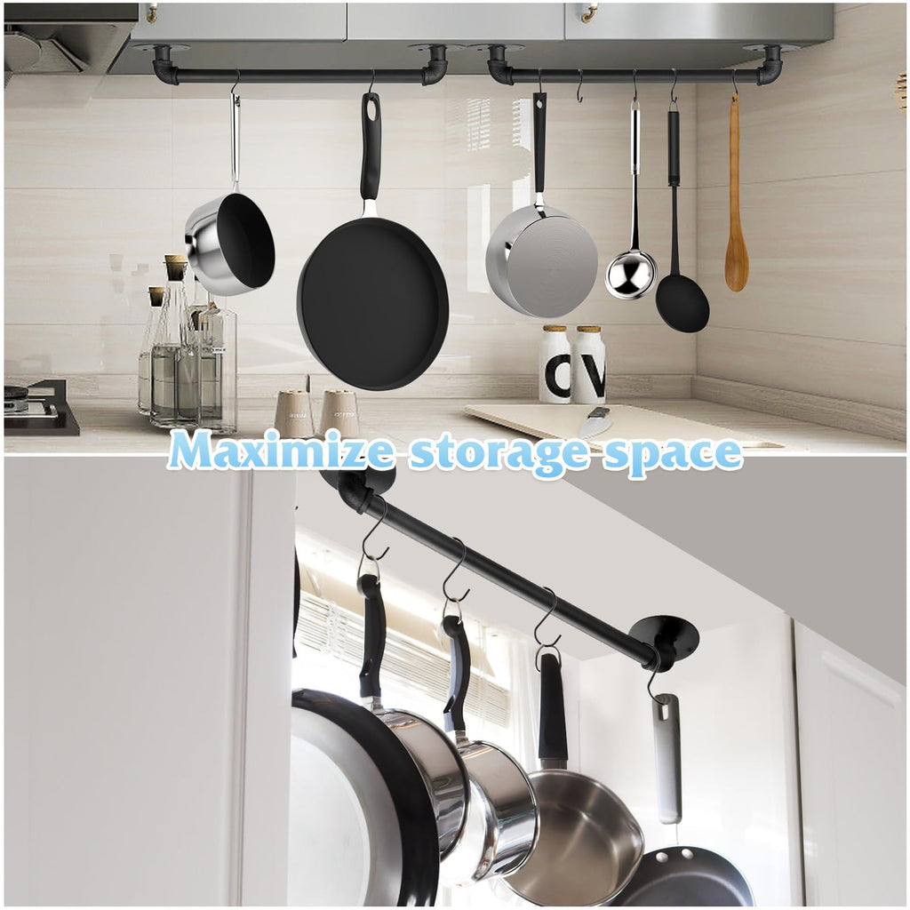 Pot Pan Rack Wall Mounted Set of 2, 21" Industrial Pipe Utensils Hanger Holder Pots Storage Organizer Iron Detachable