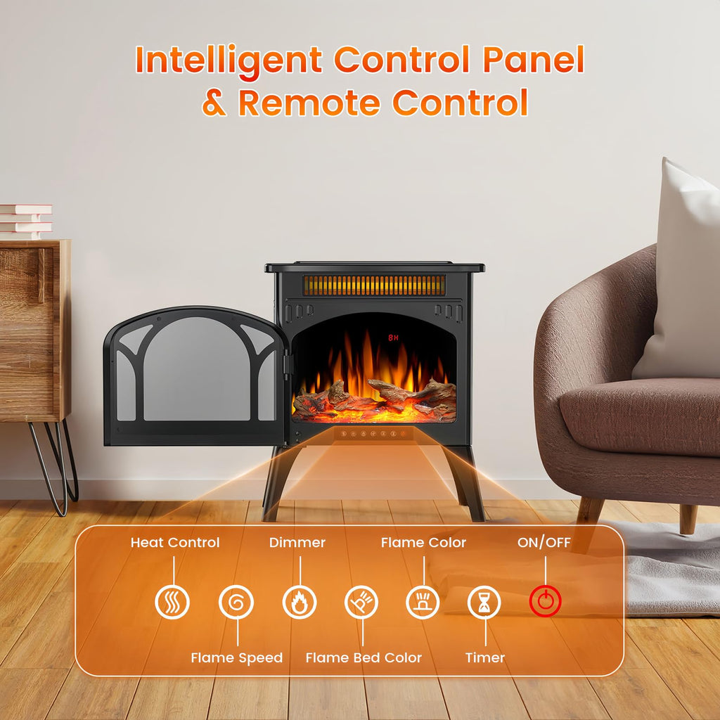 Fireplace Stove, Fast Heating, 1500W X Infrared Fireplace Heater with 8H Timer, Remote Control, Freestanding Stove
