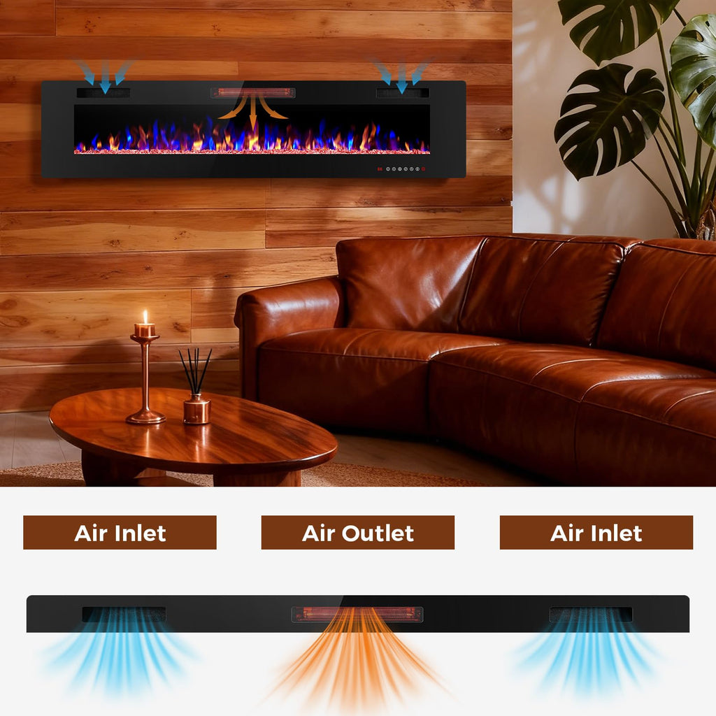 68 Inch Electric Fireplace Insert Ultra-Thin - Recessed & Wall-Mounted Fireplace Heater with Thermostat, Adjustable
