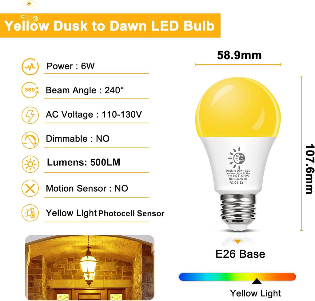 Dusk to Dawn Bug Light Bulbs Outdoor, 6W LED Yellow Bulb for Porch