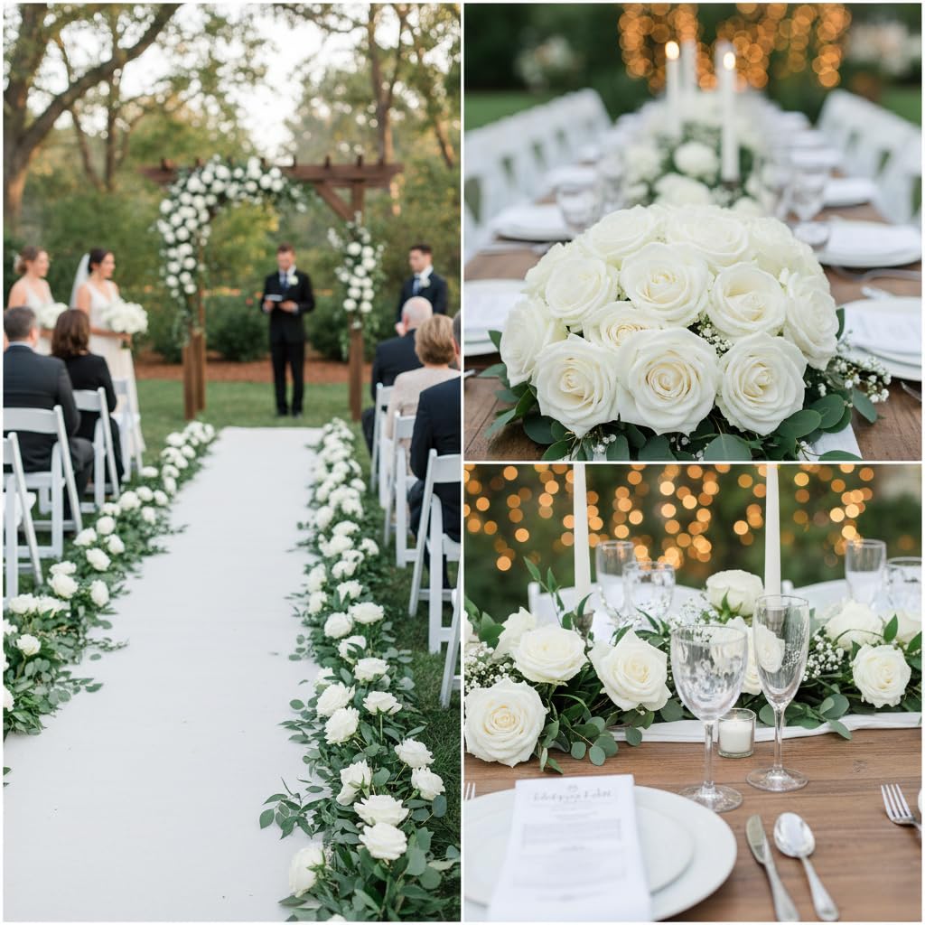 100 Pcs White Rose Artificial Flowers Bulk, Ivory Silk Fake Roses with Long Stem for Wedding Decoration, Bridal