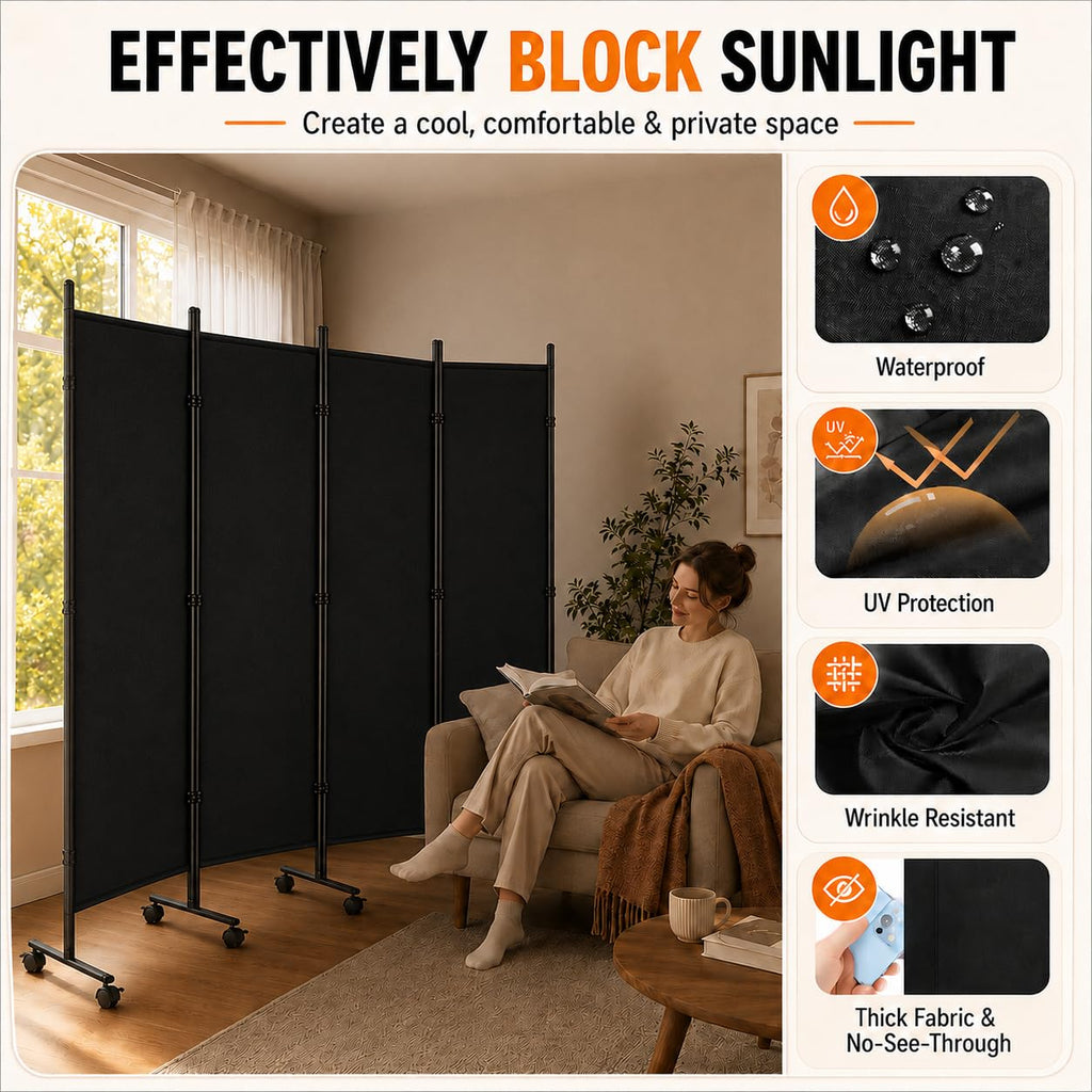 Room Divider, 4-Panel Folding Privacy Screenwith Locking Wheels Wide Feet, PortablePortable with Opaque Canvas and