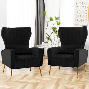 Accent Chairs Set of 2, Upholstered Living Room Chair with Lumbar Pillow, HighBack ArmChair with Metal Legs, Single