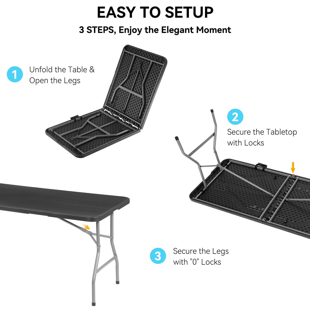 6FT Folding Table, Heavy Duty, Carry Handle, Black, 1 Pack