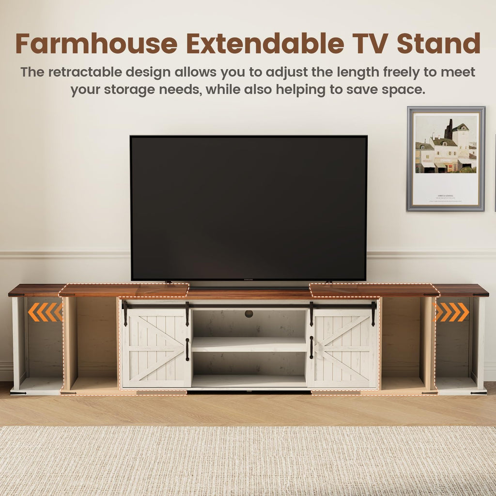 Extendable TV Stand, Entertainment Center for 85 95 105 Inch TV, Farmhouse TV Stand with Large Capacity Storage and