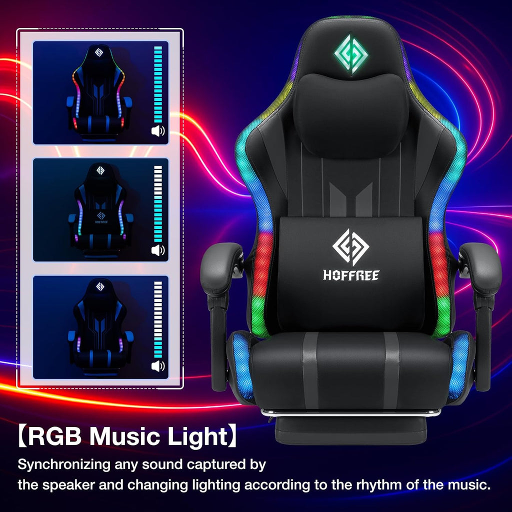 RGB Gaming Chair with Speakers Music Rhythm LED Lights Computer Chairs-Grey | Ergonomic Massage Game Chair with