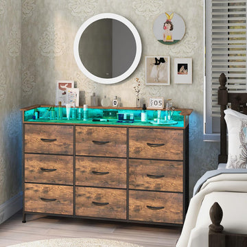 Industrial with Charging Station and LED Light Fabric Storage with 9 Fabric Drawers Chest of Drawers for Closet