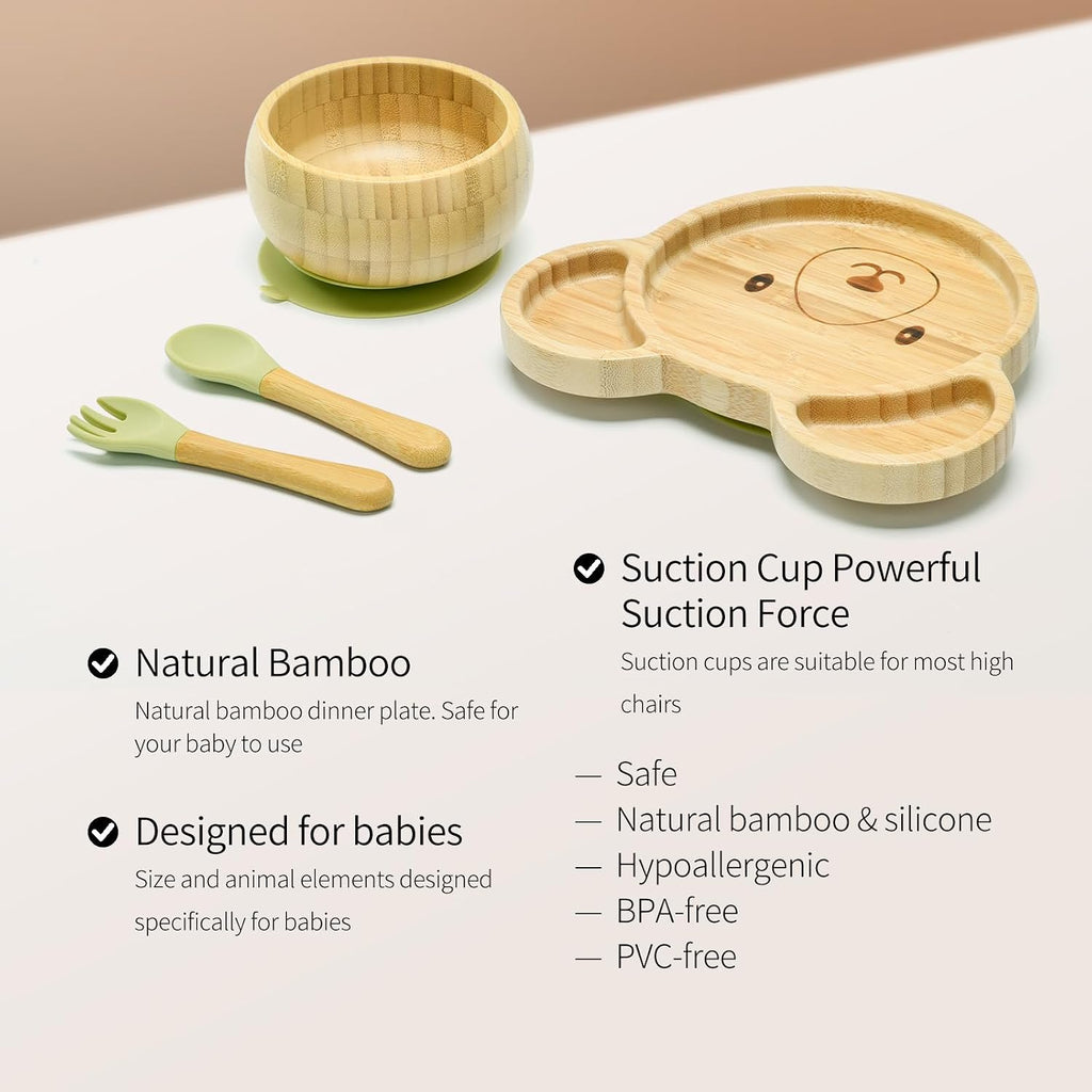 Suction Plates Bowls Setfor Baby Toddler Divided Platter Food bowl with Silicone Fork & Spoon All-Natural Baby