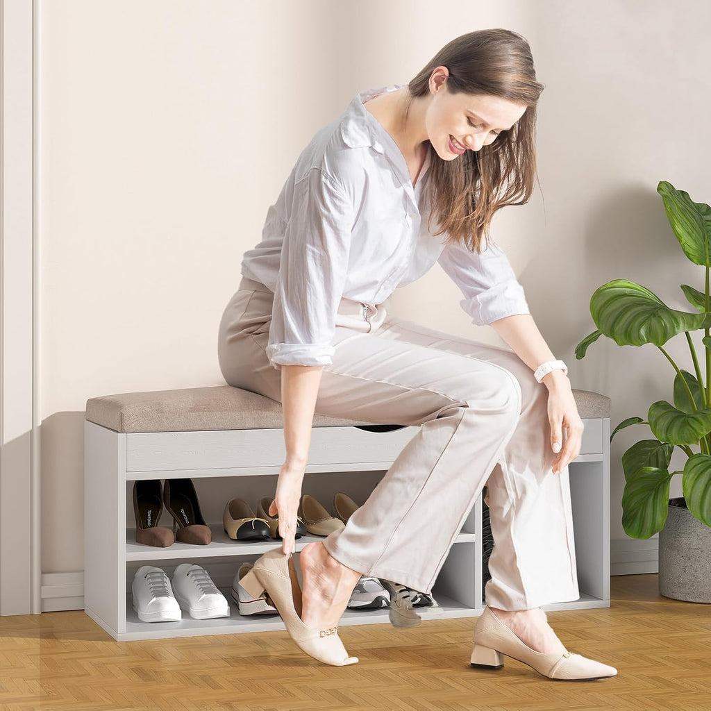 31 Inches Storage Bench with Padded Cushion, Shoe Bench with Storage Space, Upholstered Entryway Bench , 2-Tier Shoe