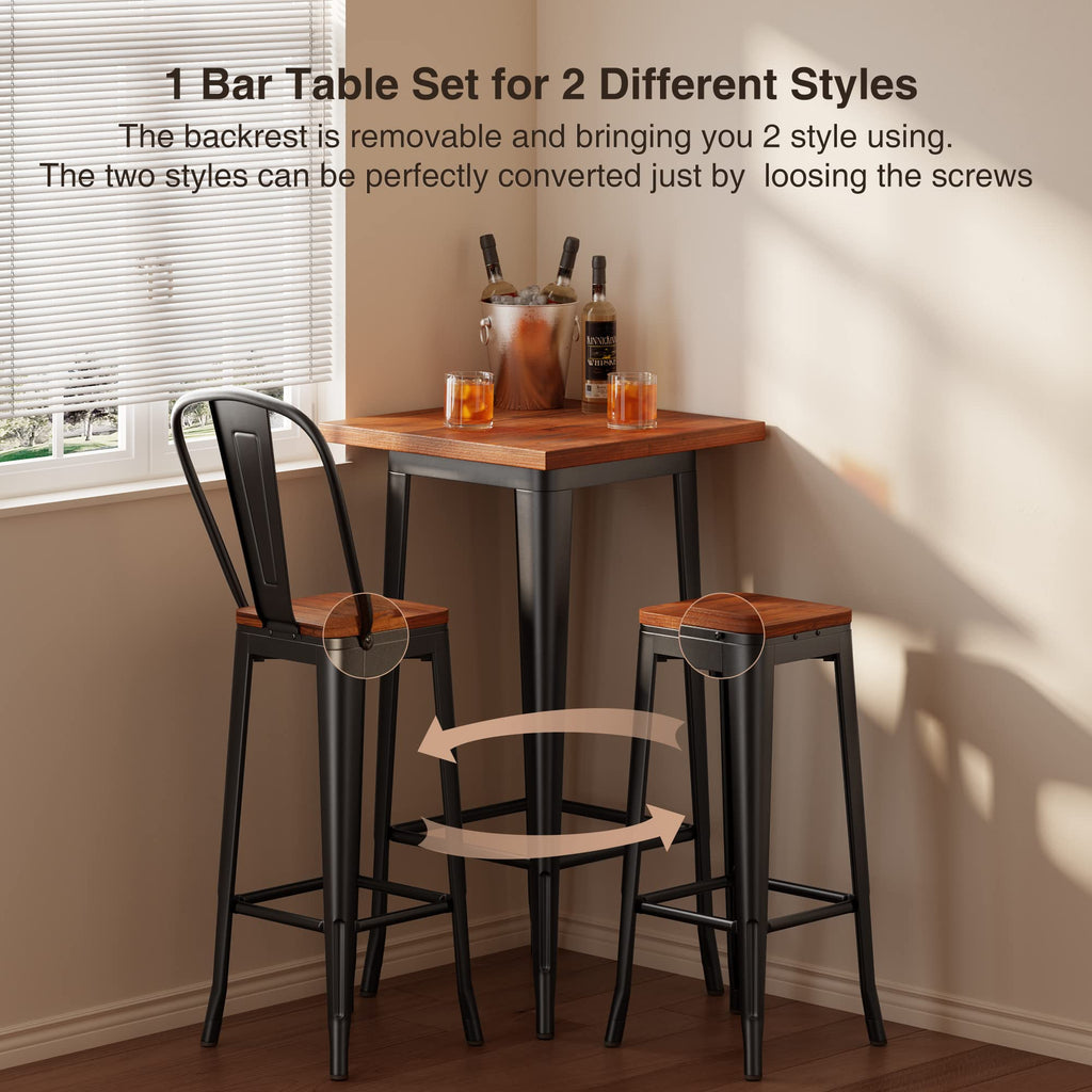 Bar Table and Chairs Set, Pub Table and Chairs Set of 2, with Elm Solid Wood and Thickened Metal Frame, for Bar