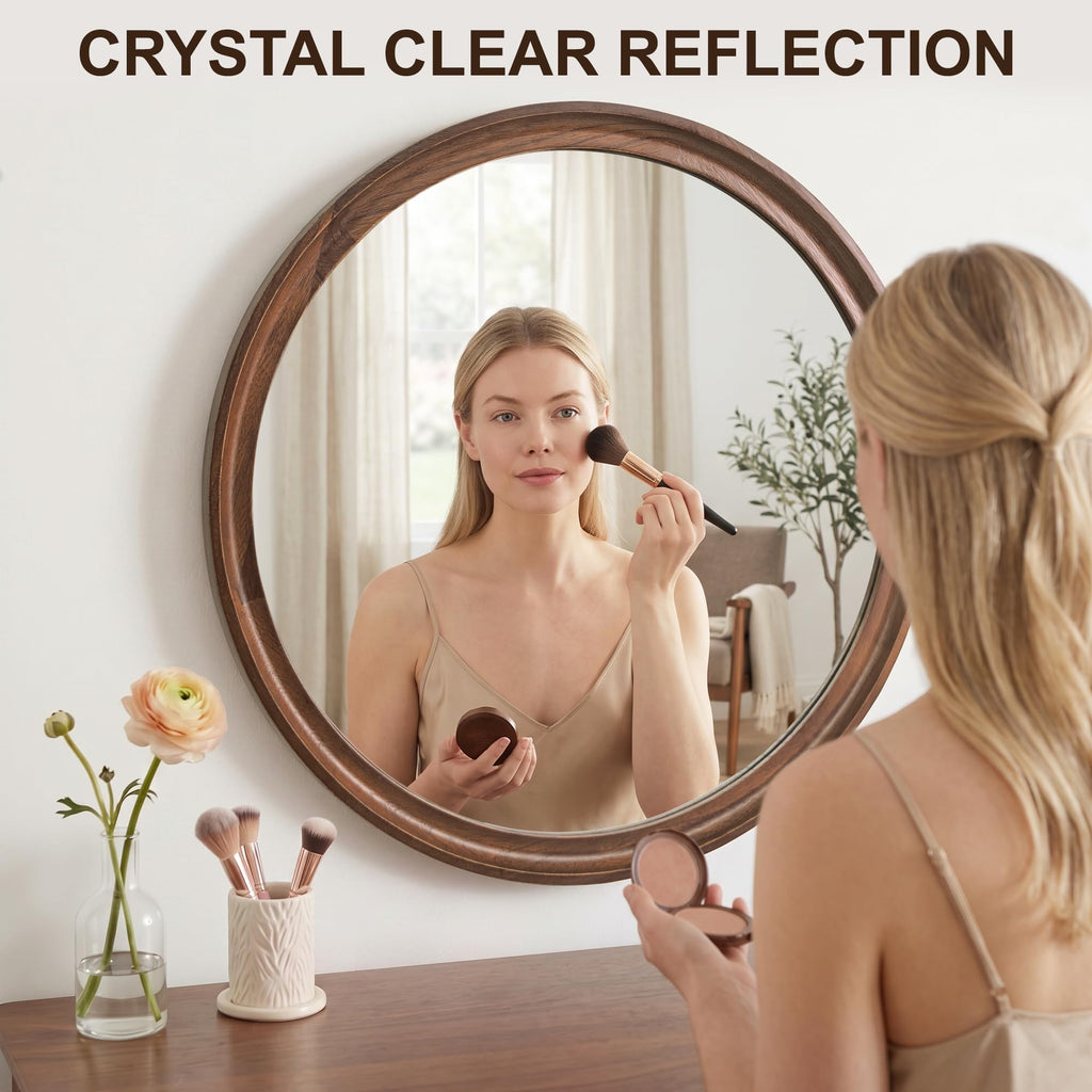 Round Wood Mirror, 26" Circle Mirrors for Wall Decor, Walnut Brown