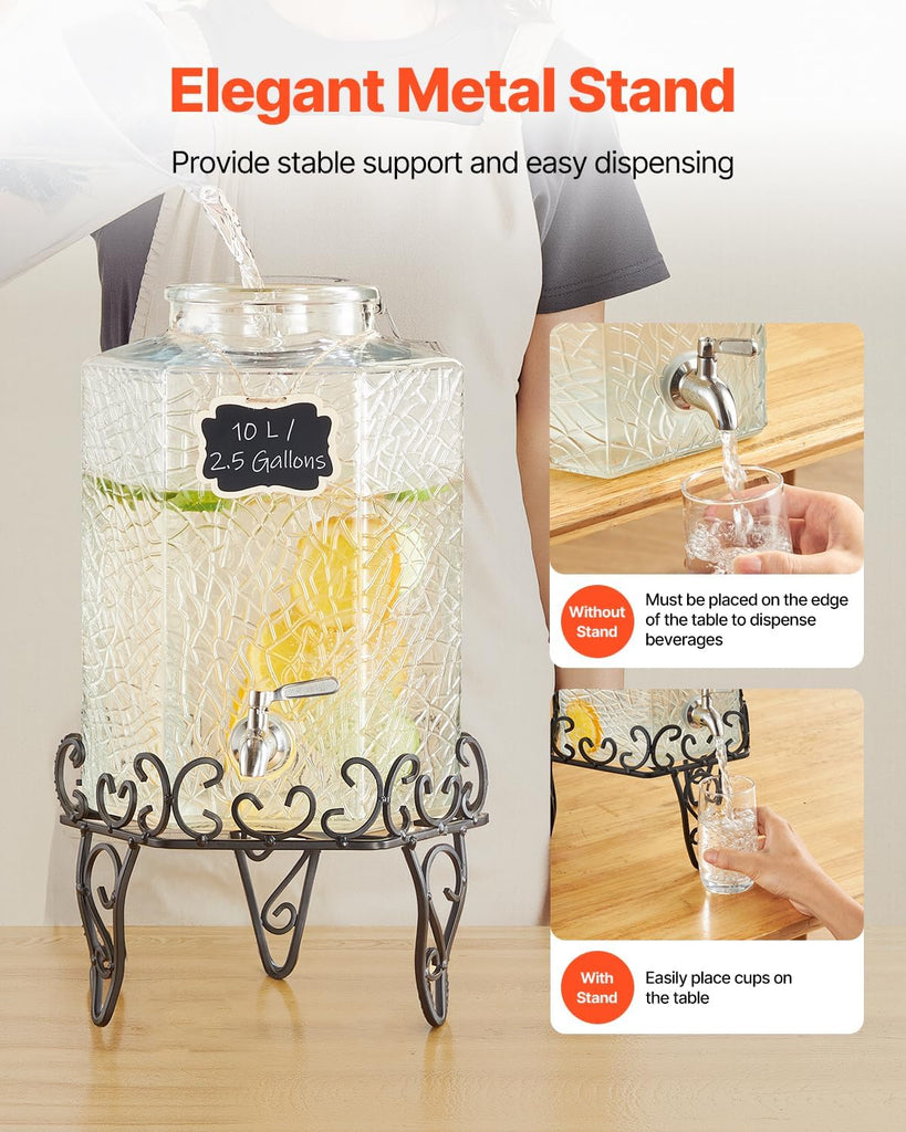 Beverage Dispenser, 2.5 Gallon Drink Dispensers for Parties, Glass Juice Dispenser with Metal Stand, Stainless Steel