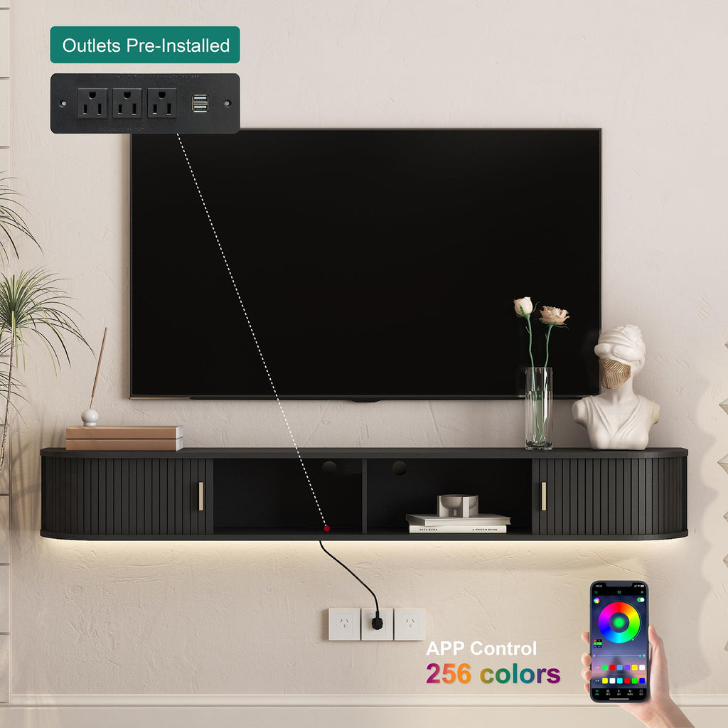 68.9" Floating TV Stand with LED & Outlet, Fluted Wall Mounted TV Shelf, TV Cabinet Black