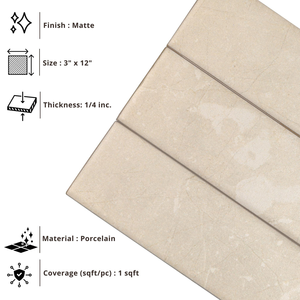 Ivory Sand 3x12 Matte Porcelain Subway Tile - Soft Stone Look Wall Tile Backsplash, Bathroom & Shower Walls (1 Piece)