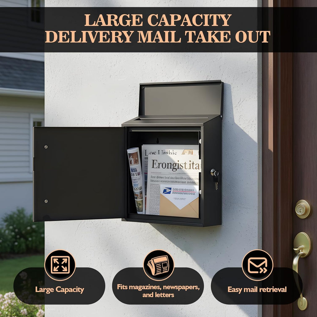Wall Mounted Mailbox, Modern Metal Galvanized Steel Mailbox 14x13x5inch Large Capacity Mailbox with Lock and Key Drop