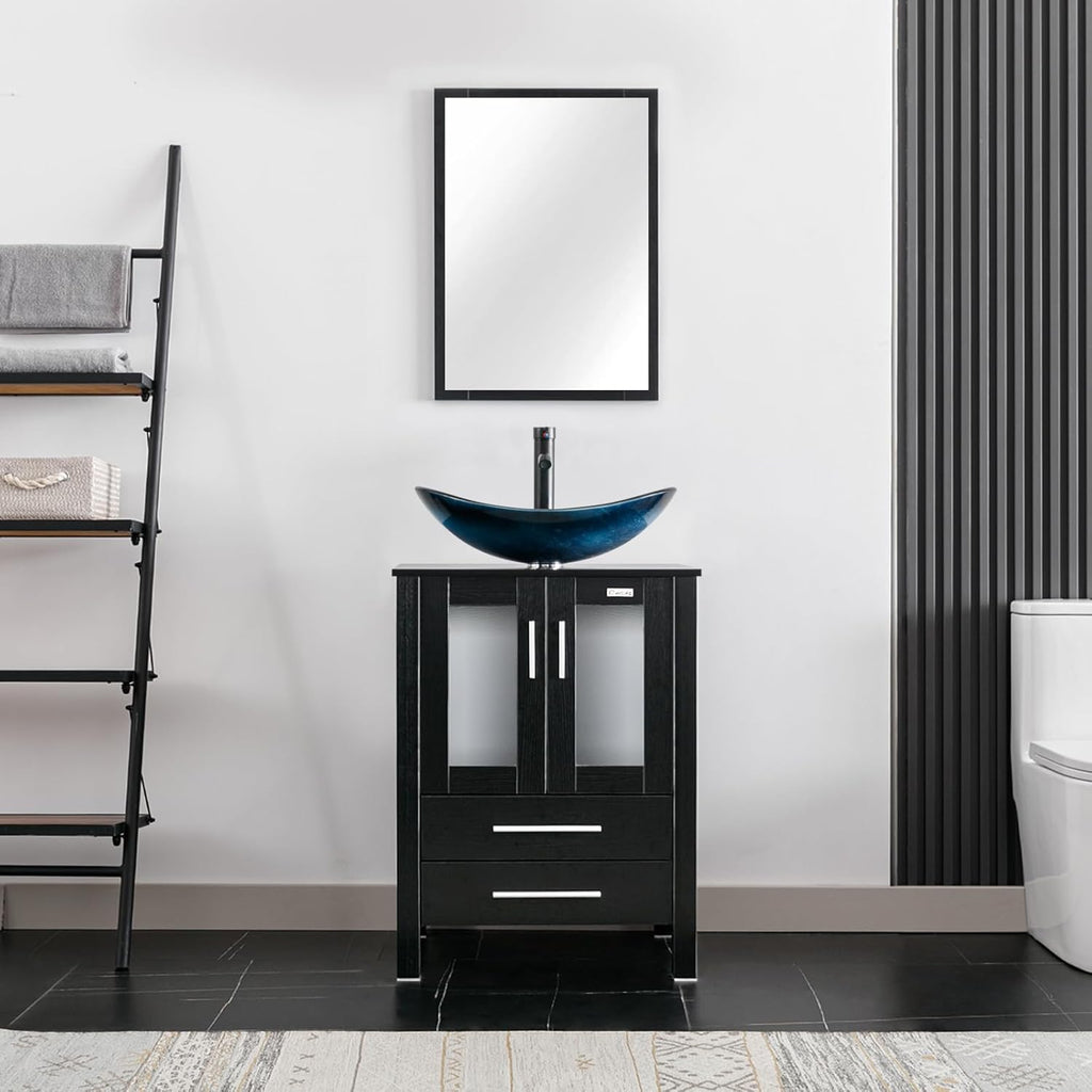 24" Modern Bathroom Vanity with Blue Glass Vessel Sink - Freestanding Cabinet with Soft-Close Door