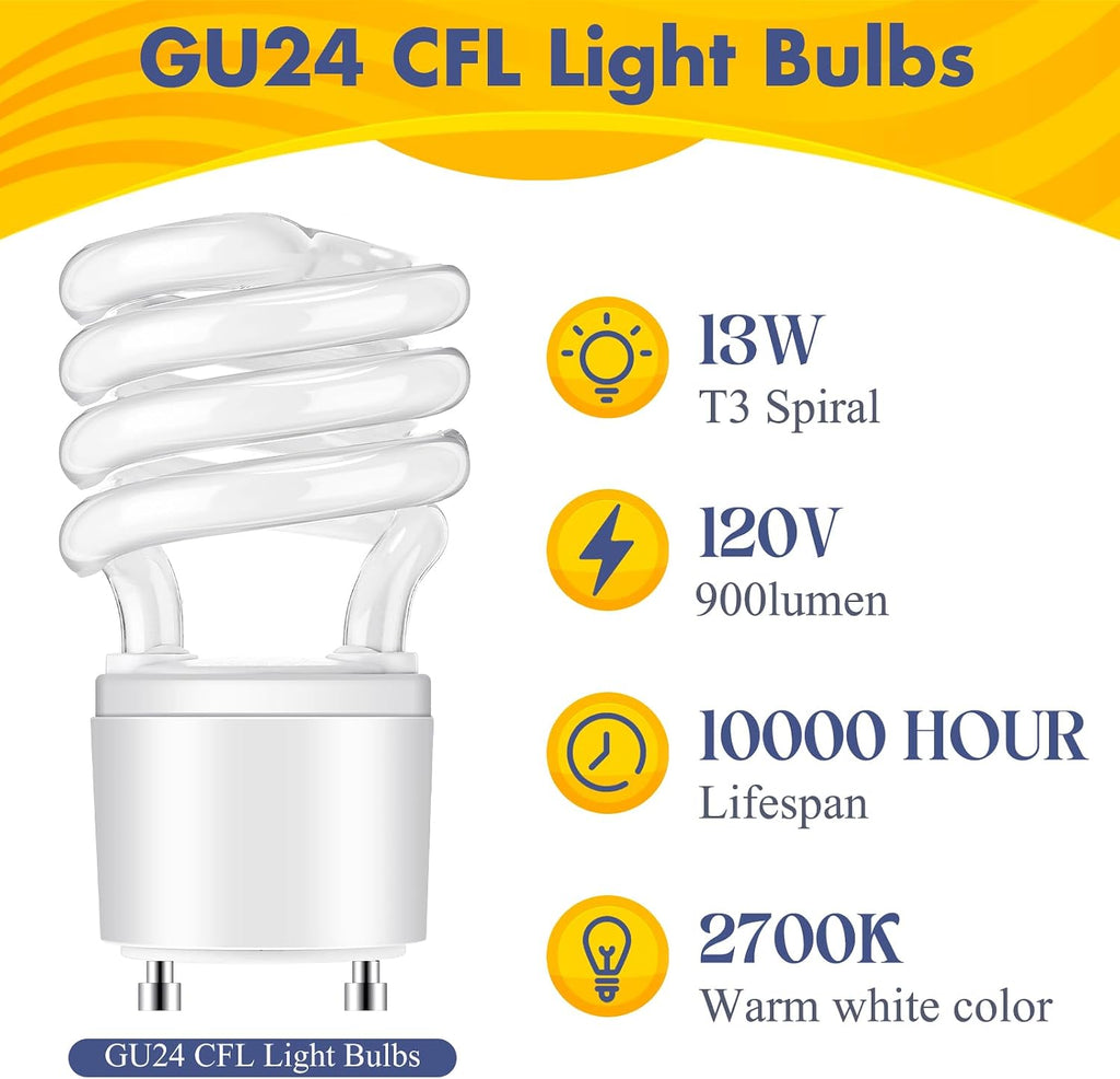 2 Pcs 13W 120v 60Hz Gu24 CFL 2 Prong LED Light Bulb 2700k T3 Spiral