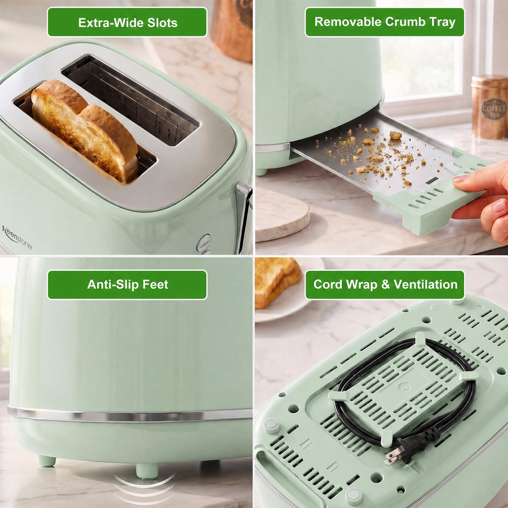 2 Slice Stainless Steel Toaster Retro with 6 Bread Shade Settings, Bagel, Cancel, Defrost Function, Extra Wide Slot