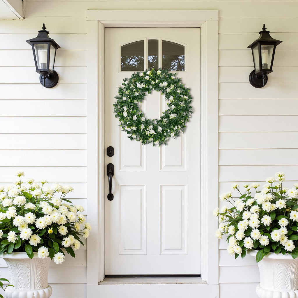 15" Front Door Boxwood Wreaths, Spring Summer Green Wreath White