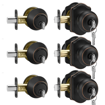 Oil Rubbed Bronze Exterior Door Knob and Single Cylinder Deadbolt, Keyed-Alike Entry Locksets with Lock and Key 3