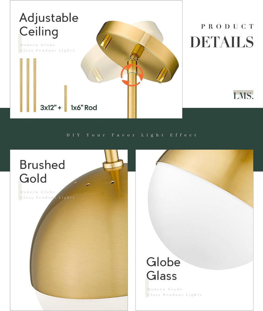 Modern Pendant Lighting Gold Globe Pendant Light Fixture, Mid Century Chandelier One Light Hanging Fixture for