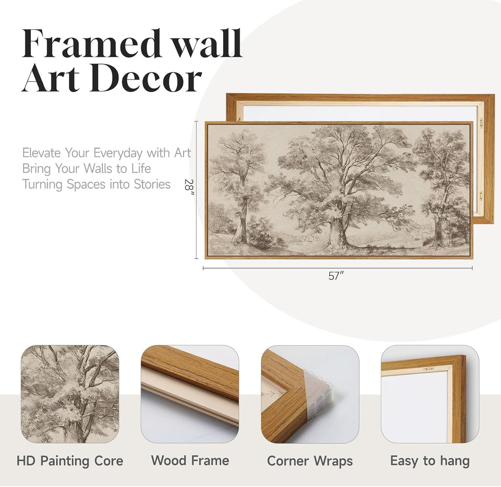 Framed Vintage Landscape Canvas Wall Art , Extra Large Horizontal Rustic Tree Botanical Picture Prints Paintings