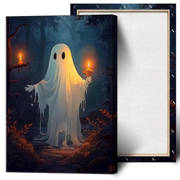 Retro White Ghost Posters Cute Horror Scary Wall Art Halloween A White Ghost Holding A Candle In A Dark Forest Prints