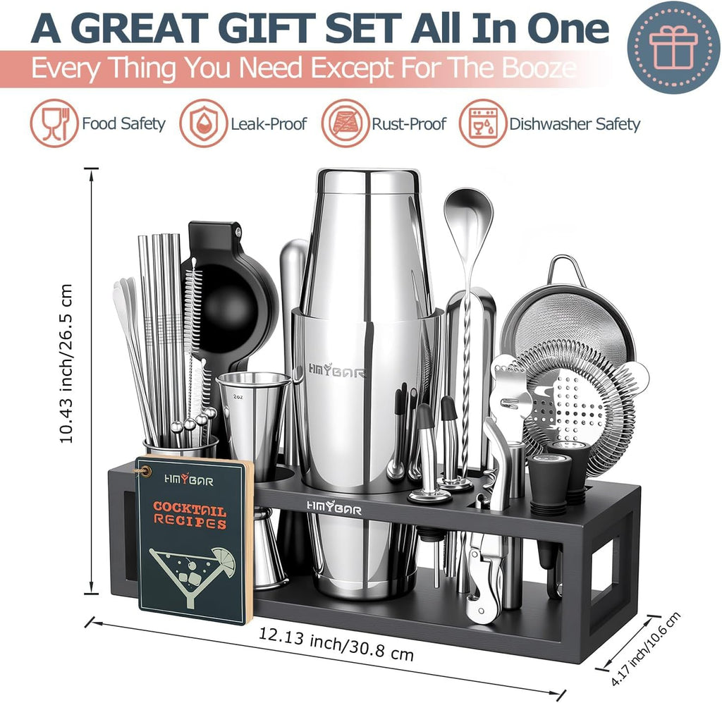 Bartender Kit with Black Bamboo Stand, 31-Piece Cocktail Shaker Set, 20/28 oz Boston Shaker Set Bar, Mixology Bar - Set of 31