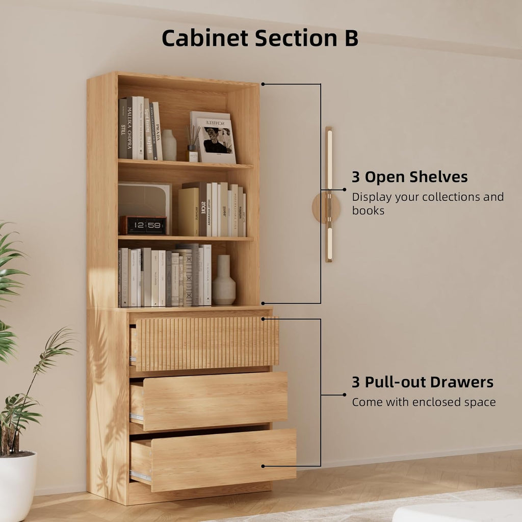 Tall Bookcase with Glass Doors and Drawers,71'' Wooden Bookshelf with Storage,Display Cabinet ,Set of 4 (Baab)
