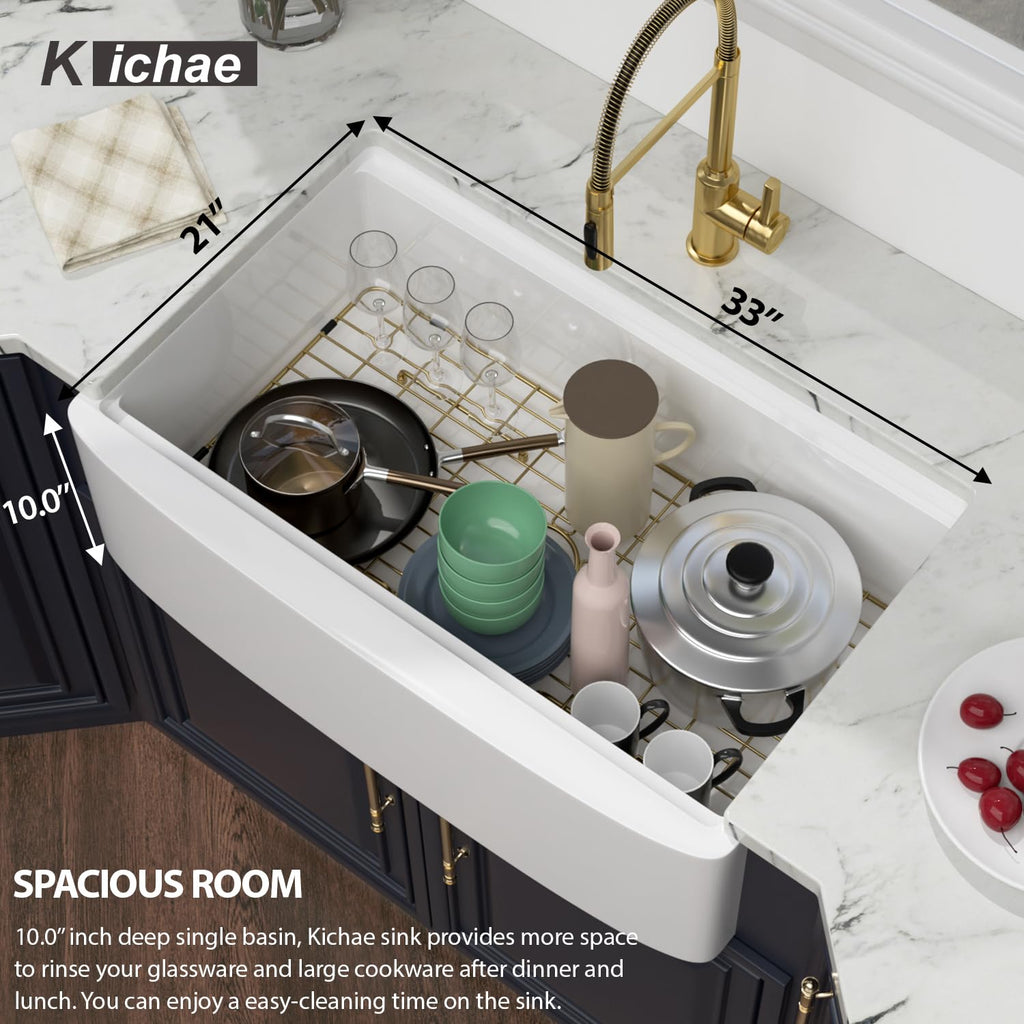 33 Inch White Farmhouse Sink Workstation Curved Apron Front Farm Sink with Slide Ledge Ceramic Porcelain Single Bowl