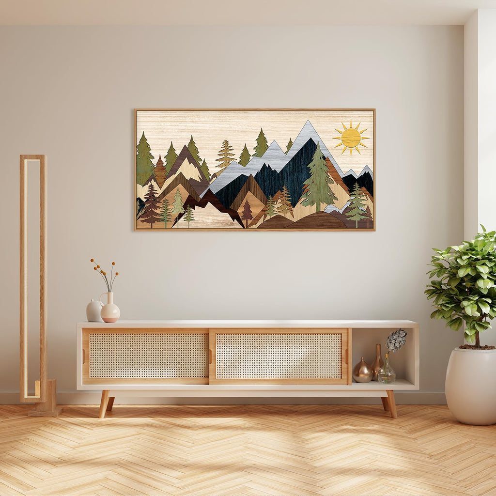 Mountain Pine Tree Framed Canvas Wall Art Set, Nature Wilderness Illustration Wall Decor, Woodcut Forest Wall