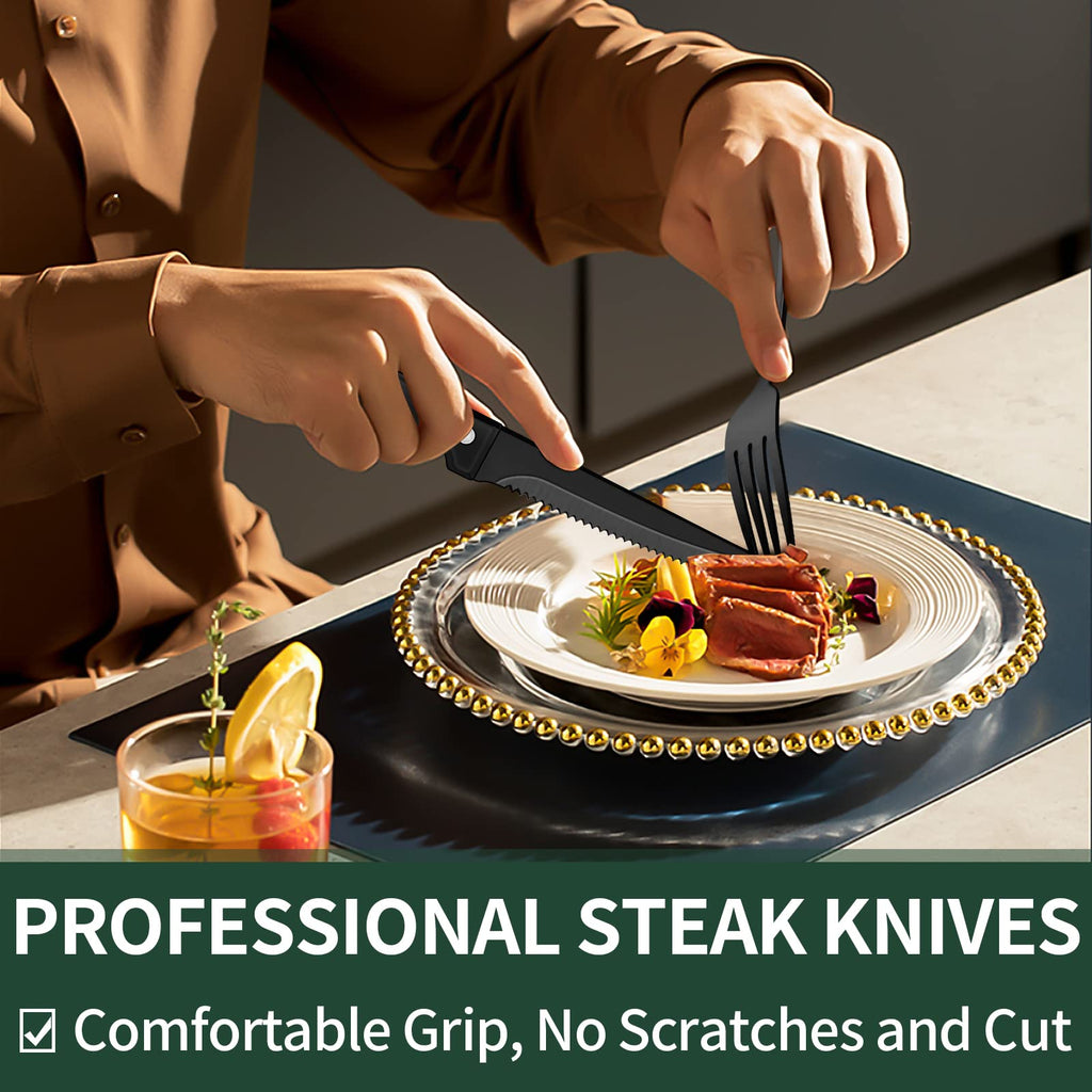 Black Silverware Set with Steak Knives, Black Flatware Set for 4, Food-Grade Stainless Steel Tableware