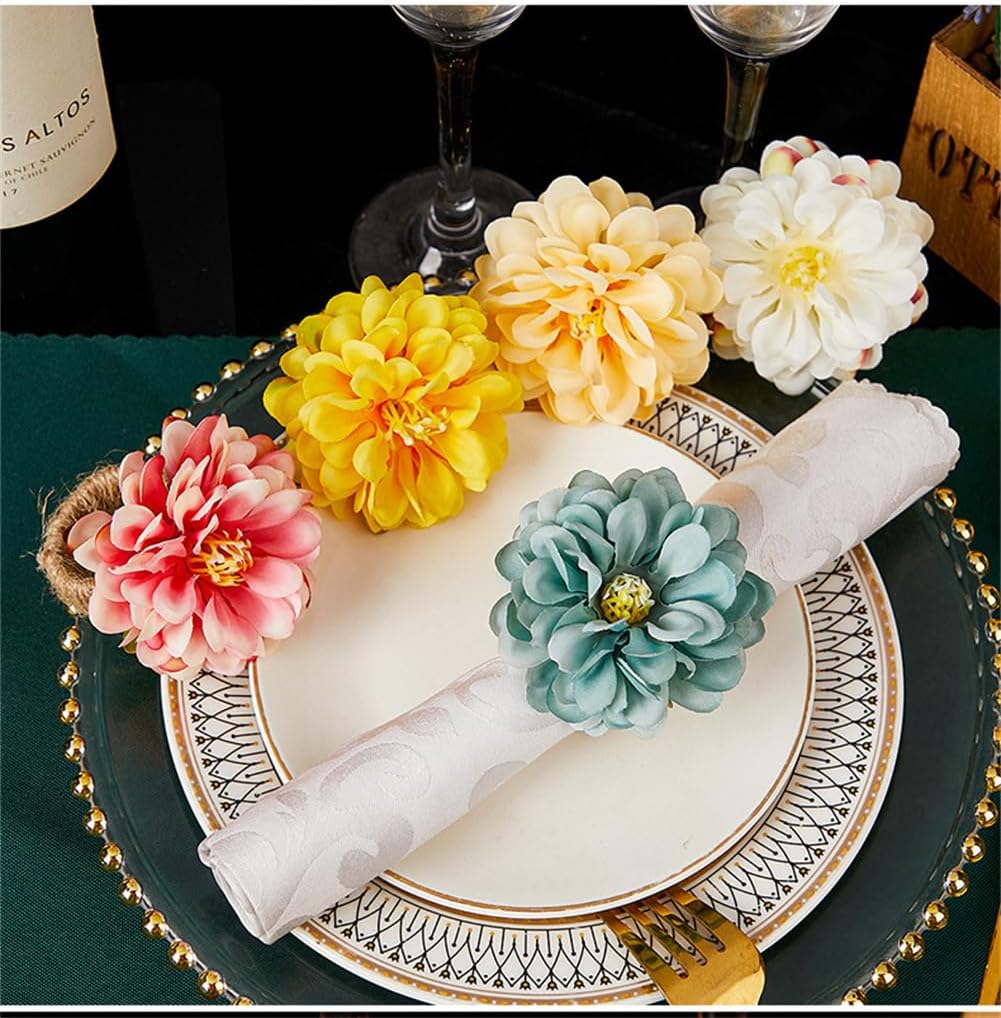 White Floral Napkin Rings,Rustic Rose Napkin Rings Flower Dinner Napkin Holder for Table Decoration - Set of 6