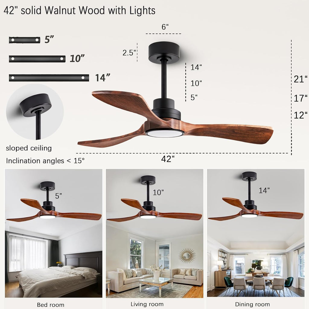 42-inch Ceiling Fan Light with Remote Control, Featuring 3 Wooden Blades, Reversible DC Motor, Timer Function