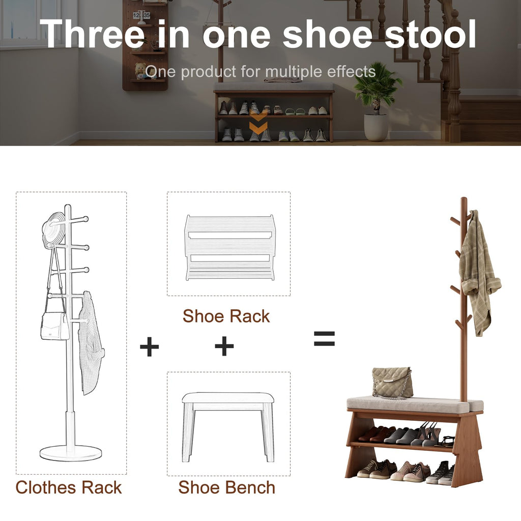 Coat Rack with Shoe Storage, Shoe Rack with 8 Hook, Walnut