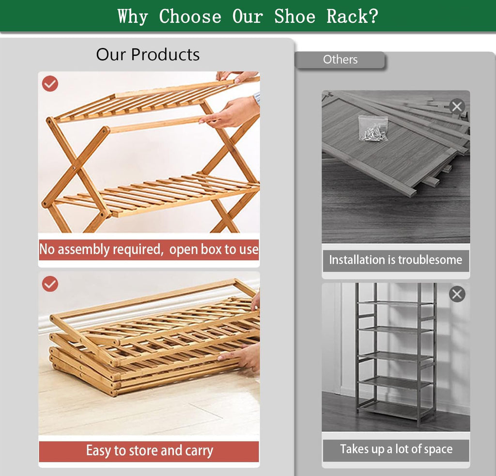4 Tier Bamboo Shoe Rack, Portable Folding Shoe Storage Rack, Without Installation Small Shoe Rack Perfect for