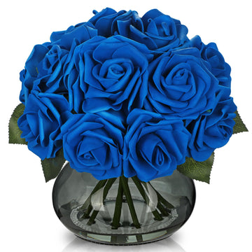Blue Roses Artificial Flowers in Vase Silk Fake Blue Roses Bouquet Flowers Rose Floral Arrangements with Glass Vase