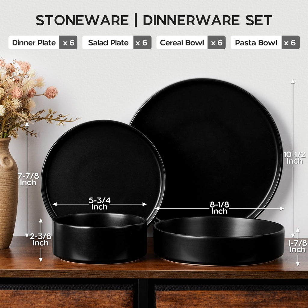 Stoneware Dinnerware Set with Pasta Bowl, 24Pcs Black Dish Set for 6