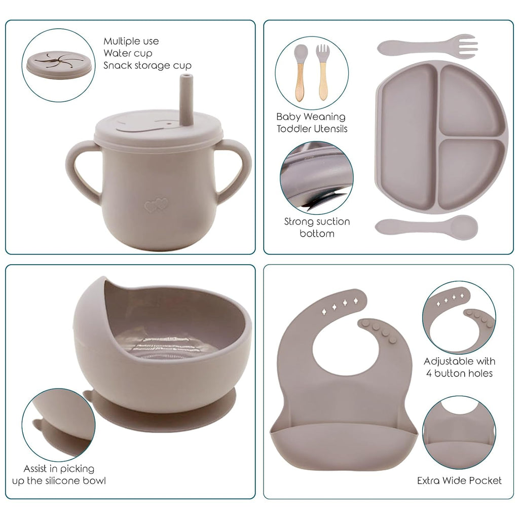 100% Silicone Baby Feeding Set, BPA Free, 9 Pcs: Suction Bowl, Divided Plate, Toddler Self Feeding Dish Set
