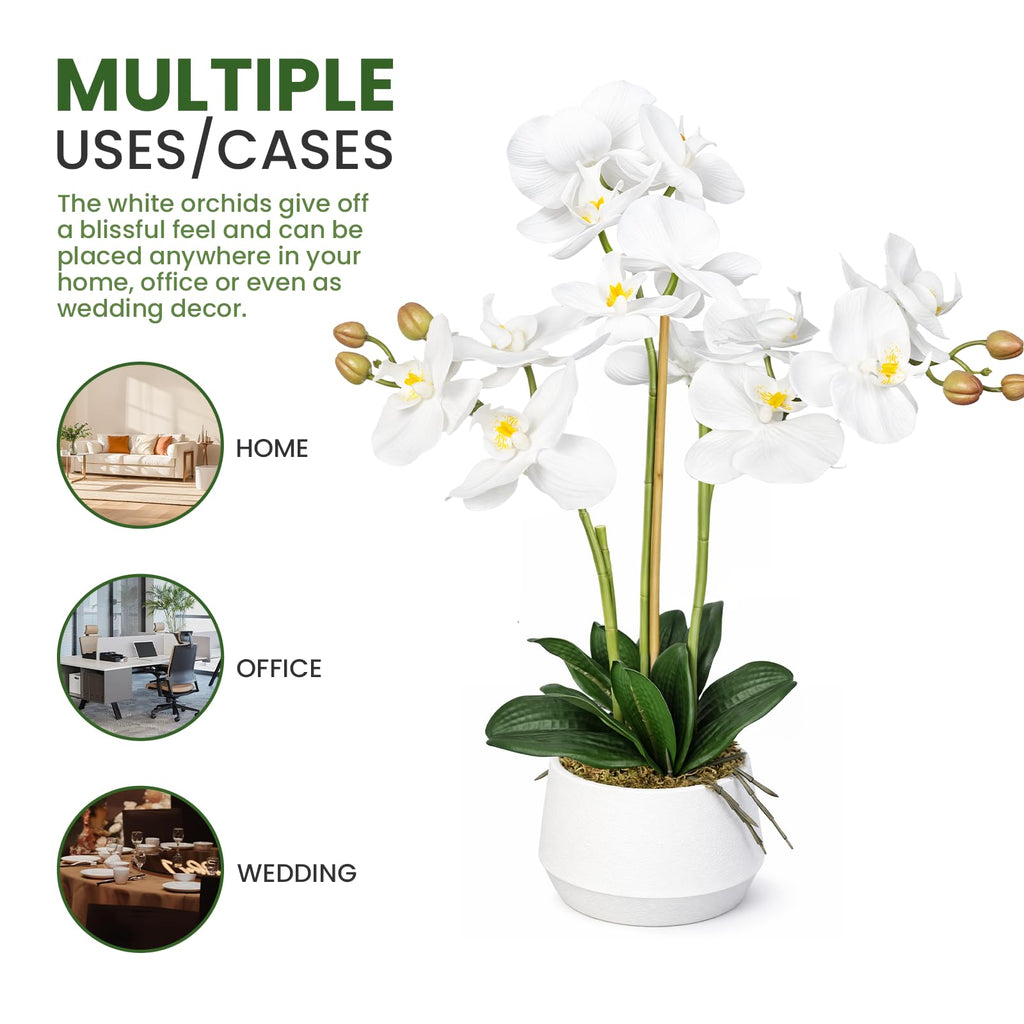Artificial Orchid Flower Potted, 2FT White Real Touch Orchid Artificial Flowers with 4 Stems Artificial Phalaenopsis
