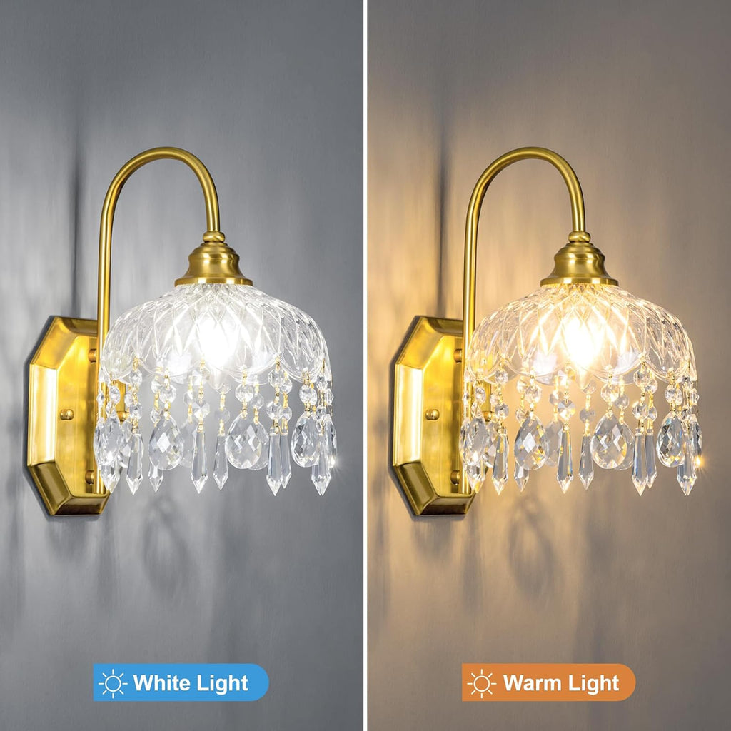 2-Pack Vintage Wall Sconce,Glass Crystal Wall Sconce,Matte Brushed Antique Brass Finish Set of Two for Bedroom
