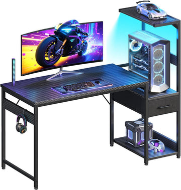 48'' Gaming Desk with LED Lights & CPU Stand, Reversible Computer Desk with Storage Shelves & Fabric Drawer, Modern